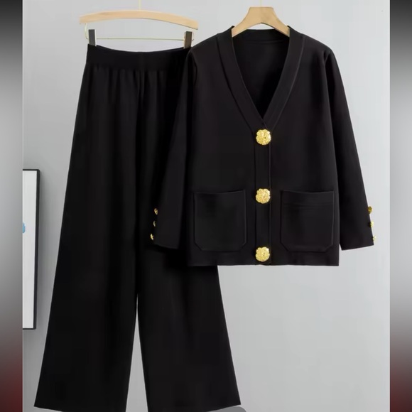 Jackets & Blazers - 248. V-neck Cardigan Knit Sweater Set with Large Gold Buttons
